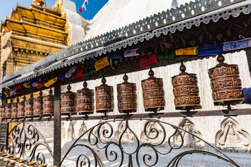 Prayer wheels at Boudhanath Stupa in Kathmandu, Nepal