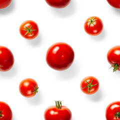 Seamless pattern with red ripe tomatoes. Tomato isolated on white background. Vegetable abstract seamless pattern. Organic Tomatoes flat lay
