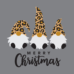 Vector illustration of three Merry Christmas gnomes with leopard print pattern hat.