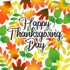 Fototapeta na wymiar Hand drawn Happy Thanksgiving typography poster. Celebration text with berries and leaves for postcard, icon or badge. Vector calligraphy lettering holiday quote.