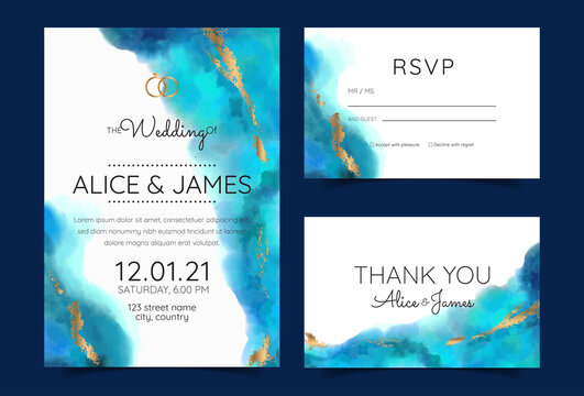 Wedding Invitation Cards, Watercolor Textures And Fake Gold Splashes For A Luxurious Touch