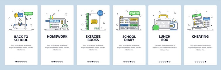 School education. Exercise books, diary, lunch box, homework. Mobile app screens, vector website banner template.