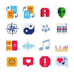 Pixel art abstract icons set. Design for logo, sticker and mobile app. Buttons and interface design. Isolated vector illustration. 8-bit. 