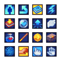Obraz na płótnie Canvas Gaming interface. Arcade icons. Set of 8-bit elements, attainment, stamina, power, money, chest, hand palm, lightning, arrow, coin vector illustrations. Retro, pixel elements for game designs.