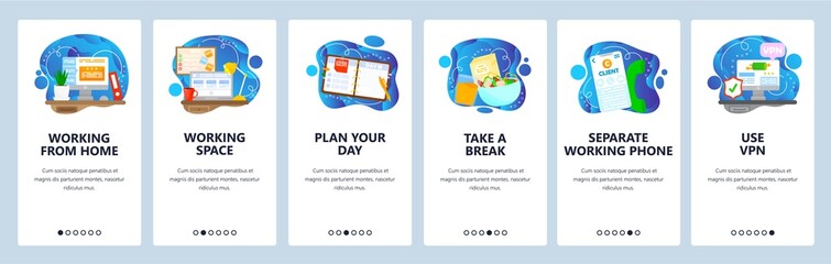 Remote work from home, rest, planning day. Home office workspace. Mobile app screens, vector website banner template.