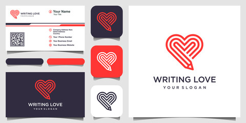 Writing Love Logo Design Template. combination of pencil and heart with line art style. and business card design