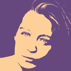 Face front view. Elegant silhouette of a female head in contrast backlight. Portrait of a happy smiled woman