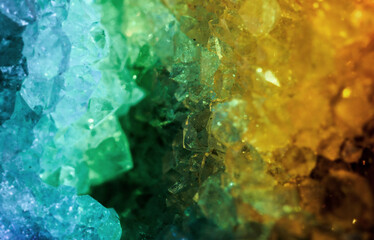 Iridescent natural transparent glossy geode and magic geometric Agate crystal stucture through sun light.