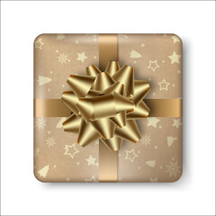 Realistic golden gift box with golden bow. Vector