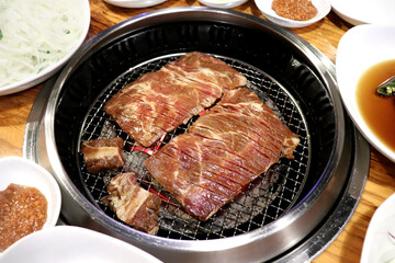 korea Raw beef ribs on charcoal fire. Grilled Beef on the stove.
