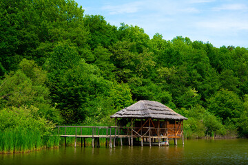 Obraz premium cottage on the pontoon of the lake on a beautiful summer day 