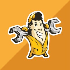 Plumber/mechanic man carries a spanner on his hand. logo . vector illustration	