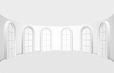 Empty white arc interior, white arc room with arc windows, mock up 3d illustration background.