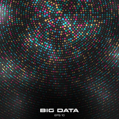 Big data visualization. Circular cluster of multicolored points with copy space in bottom. Design for business, science, technology. Vector