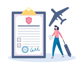 Travel insurance with tiny tourist and policy flat vector illustration isolated.