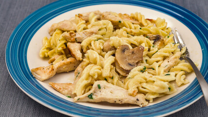Pasta with mushrooms, chicken meat and Alfredo sauce close up on a plate