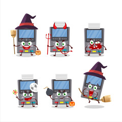 Halloween expression emoticons with cartoon character of grey payment terminal
