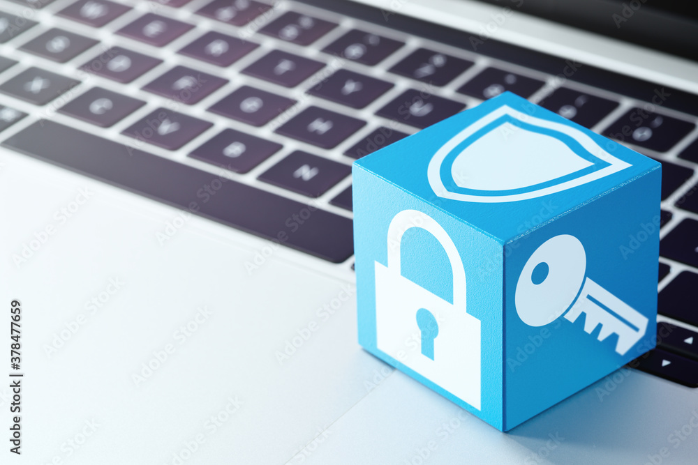 Poster Computer security concept. Fire wall and encryption. Blue cube with shield, padlock and key icons on laptop keyboard.