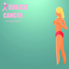 Breast cancer awareness with nude woman  covering her breast a and pink ribbon sign
 banner vector flat design,illustration vector