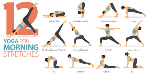 12 Yoga poses or asana posture for workout in Morning Stretches  concept. Women exercising for body stretching. Fitness infographic. Flat cartoon vector.