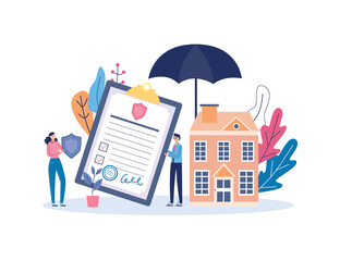 Property insurance policy signing banner with agents flat vector illustration.