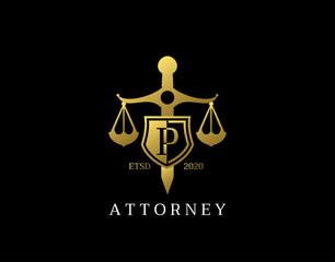 P Letter Law Logo design with golden sword, shield, wreath symbol vector design. Perfect for for law firm, company, lawyer or attorney office logo.