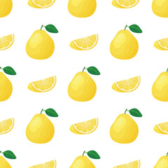 Seamless pattern with fresh bright exotic whole and cut slice pomelo fruit on white background. Summer fruits for healthy lifestyle. Organic fruit. Cartoon style. Vector illustration for any design.