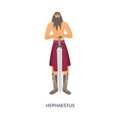 Greek God Hephaestus - cartoon man with blacksmith clothing and sword