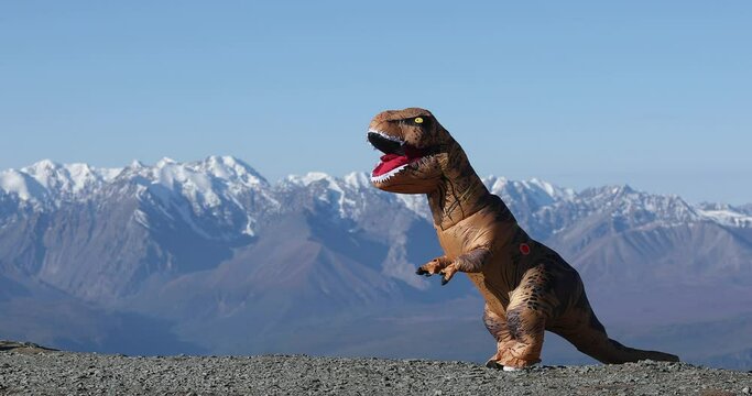 Beautiful installation outdoors on nature with prehistoric animal. Big dinosaur doll Tyrannosaurus Rex with person inside is dancing in mountains in amazing nature park. Inflatable doll.