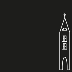 Isolated white house building and tower outline on black background. White contour vector illustration. Vector icon.