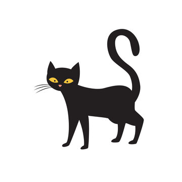 Magic black cat character standing alone, flat vector illustration isolated.