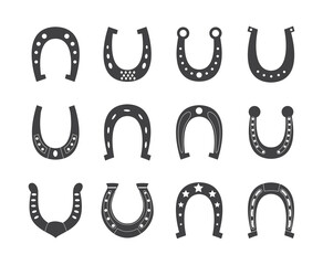 Black horseshoe icon set in different style and shape.