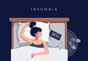 Sleepless girl suffers from insomnia, sleep disorder. Sad tired young woman lying in bed, trying to fall asleep. Blue light from smartphone screen. Character in flat cartoon style, vector illustration