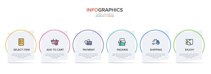 Concept of shopping process with 6 successive steps. Six colorful graphic elements. Timeline design for brochure, presentation, web site. Infographic design layout.