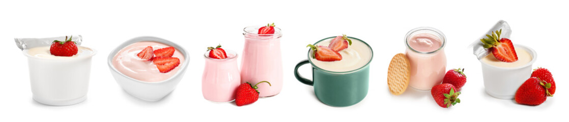Tasty strawberry yogurt on white background - obrazy, fototapety, plakaty