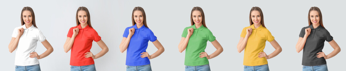 Set of beautiful young woman in colorful polo shirts on light background