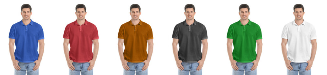 Young man in colorful t-shirts on white background