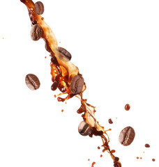 Splash of coffee with falling beans on white background