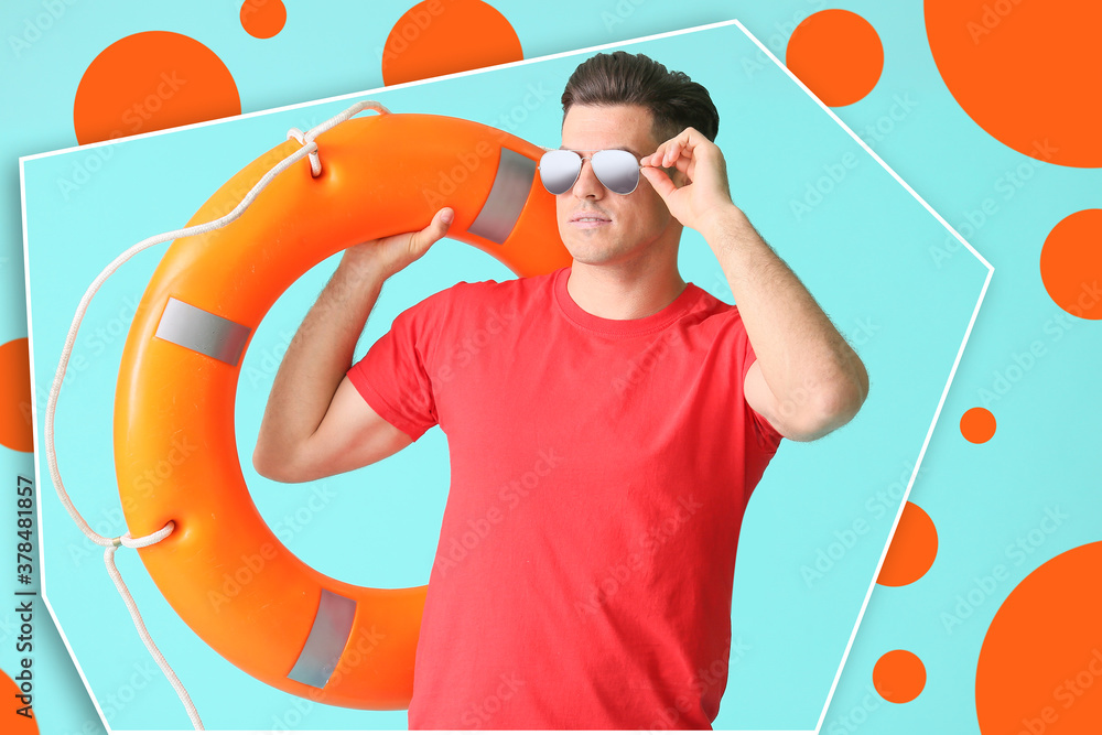 Sticker beach rescuer with lifebuoy on color background