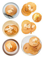 Tasty banana pancakes on white background