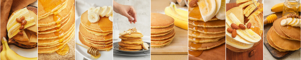 Appetizing banana pancakes on table