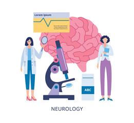 Neurology clinic and neurobiology medical exam, flat vector illustration.