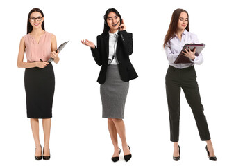 Set of beautiful young secretaries on white background