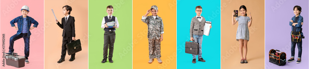 Poster collage with little children in uniforms of different professions on color background
