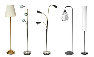 Different stylish lamps on white background