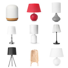 Different stylish lamps on white background