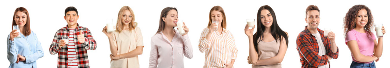 Beautiful young woman with glass of milk on white background
