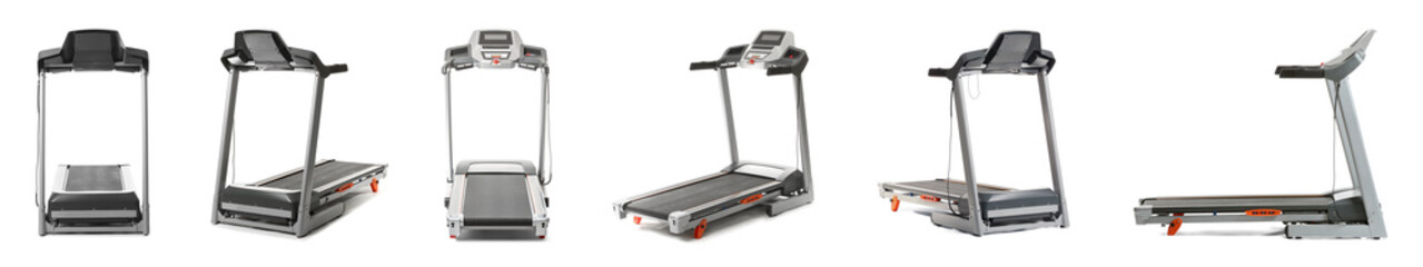 Set of modern treadmills on white background
