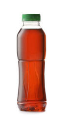 Bottle of fresh ice tea on white background