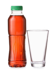 Bottle of fresh ice tea and glass on white background